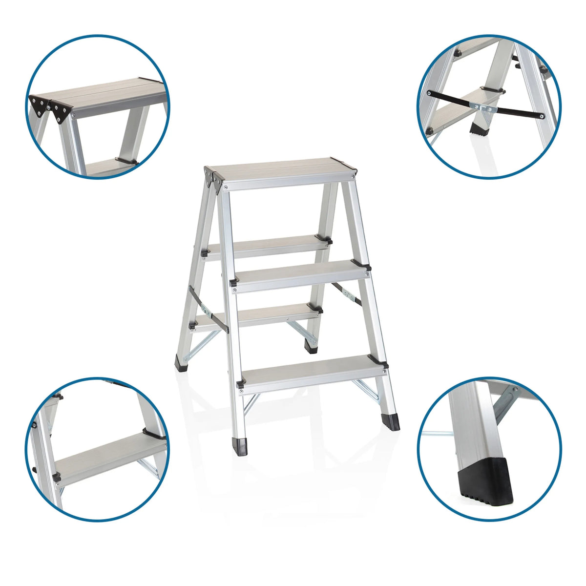 Escalera plegable de aluminio SOLID con tres peldaños y vistas detalladas de las articulaciones y pies antideslizantes de hjh OFFICE