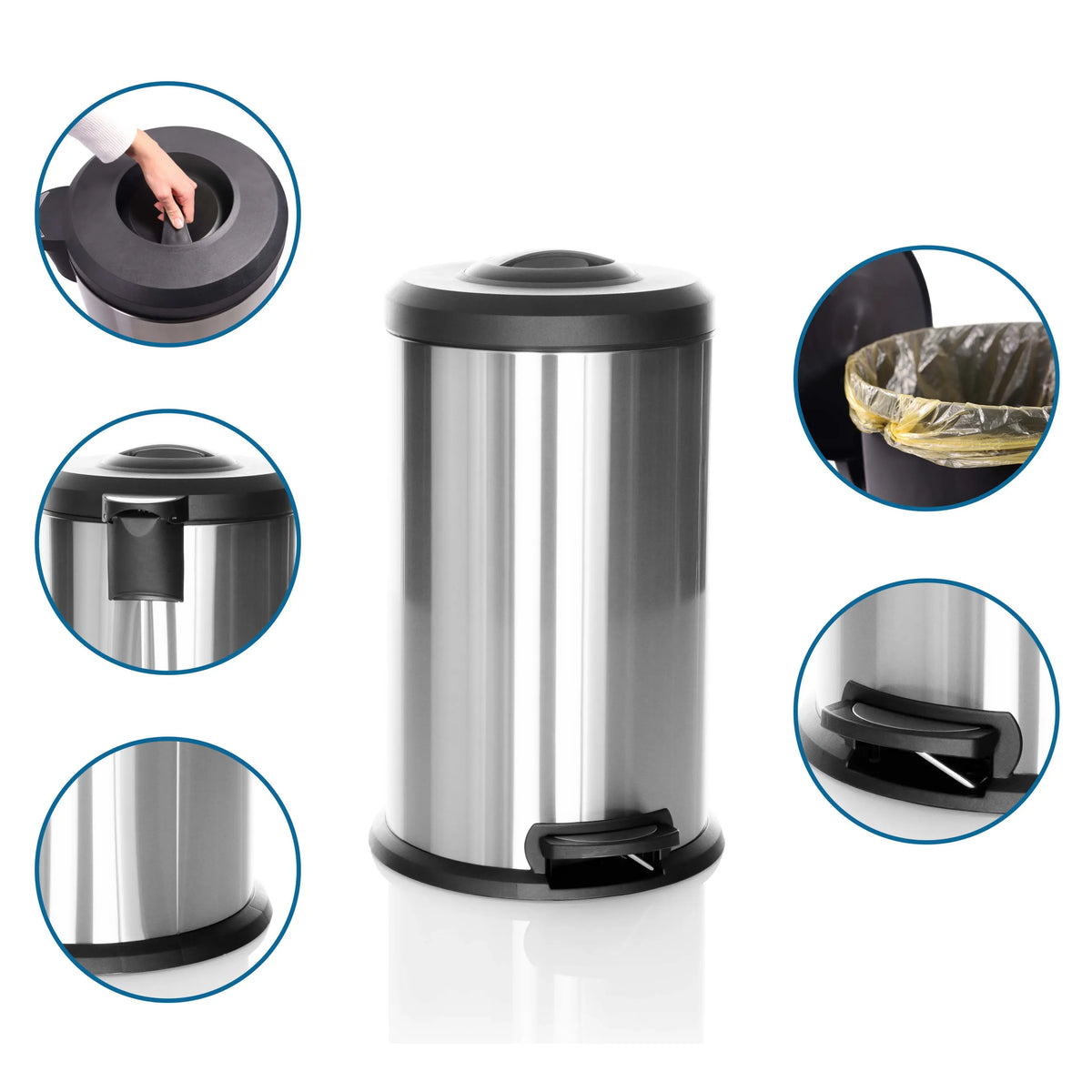 Papelera CLEAN X en color plata con pedal, tapa extraíble y bolsa de basura de plástico de hjh OFFICE
