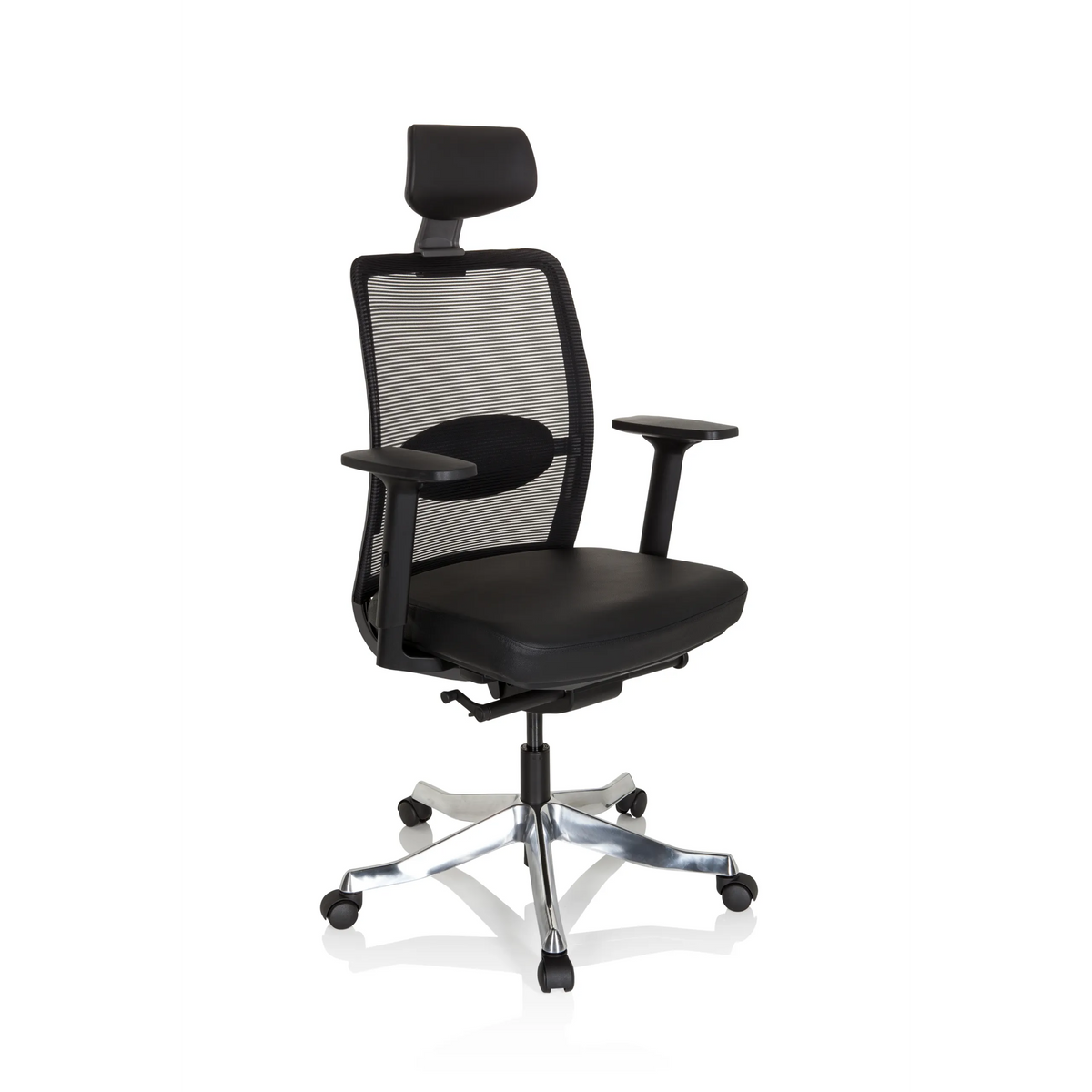 Sillón de alta gama SENATOR PRO negro con respaldo de malla, reposacabezas y base de cinco ruedas de hjh OFFICE – vista de 360° (vista frontal en diagonal 40°)