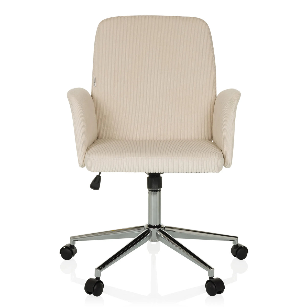 Silla Home Office SOLAO CORD en color beige con tapicería acanalada y base de cinco ruedas de hjh OFFICE – vista de 360° (vista frontal 0°)
