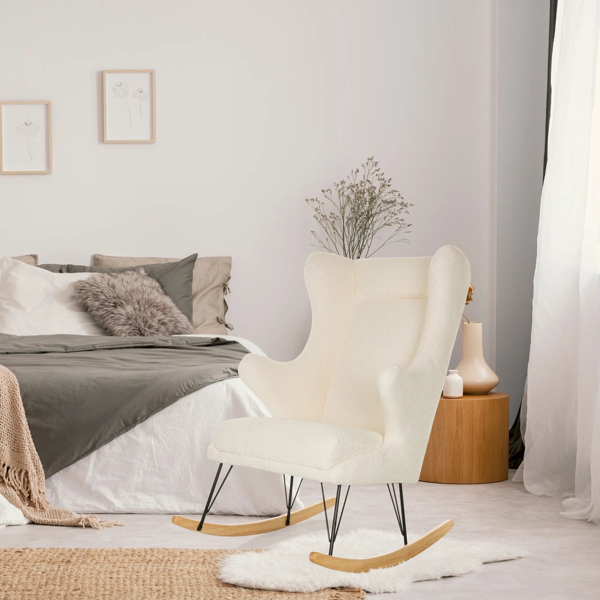 Sillón de diseño MAPOON blanco como silla mecedora con patines y tapizado de teddy de hjh LIVING