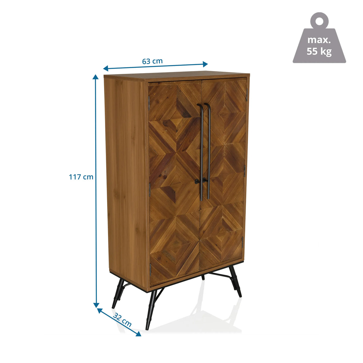 Dibujo dimensional de la Cómoda SANTJAGO WOOD HIGH de 117 × 63 cm y carga máxima de 55 kg de hjh LIVING