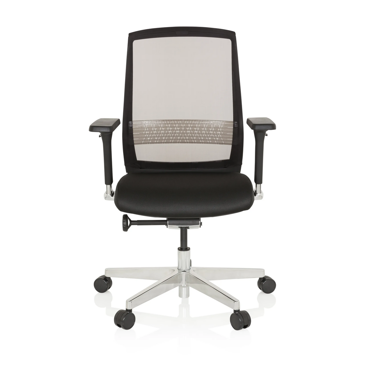 Silla alta gama FOUNTAINE negra con respaldo de malla y base de cinco ruedas de hjh OFFICE – vista de 360° (vista frontal 0°)