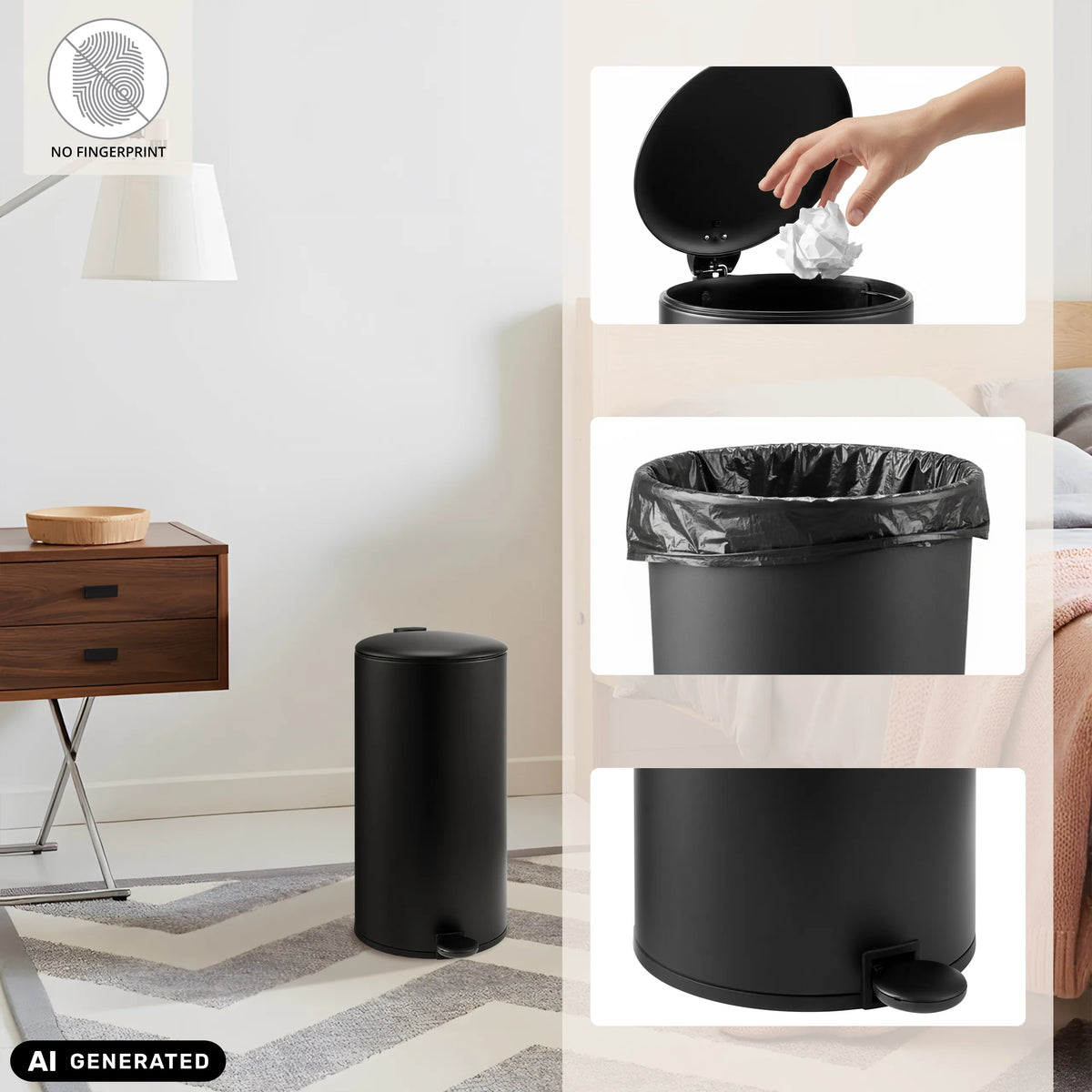 Papelera CLEAN STEP 2 negra con tapa, bolsa de basura y pedal de hjh OFFICE (imagen generada por IA)