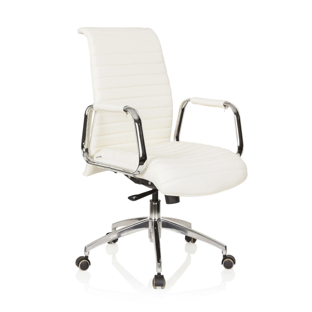 Sillón de oficina profesional ASPERA 10 en color blanco crema con reposabrazos y base de cinco ruedas de hjh OFFICE – vista de 360° (vista frontal en diagonal 40°)