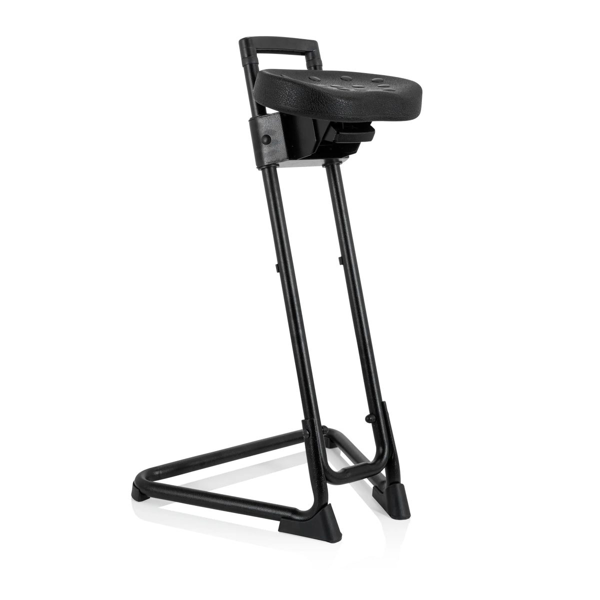 Asiento de pie TOP WORK 32 negro con asiento acolchado y base en forma de U de hjh OFFICE – vista de 360° (vista frontal en diagonal 40°)