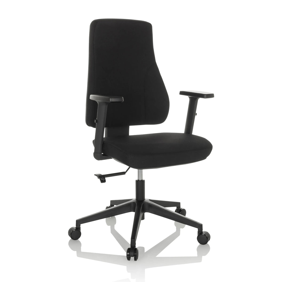 Silla de oficina profesional MATHES negra con reposabrazos y base de cinco ruedas de hjh OFFICE – vista de 360° (vista frontal en diagonal 30°)