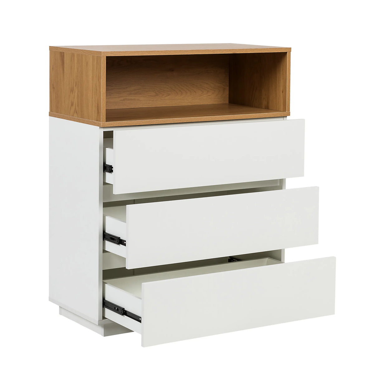 Cómoda MELMO K en blanco y roble con tres cajones parcialmente abiertos de hjh LIVING