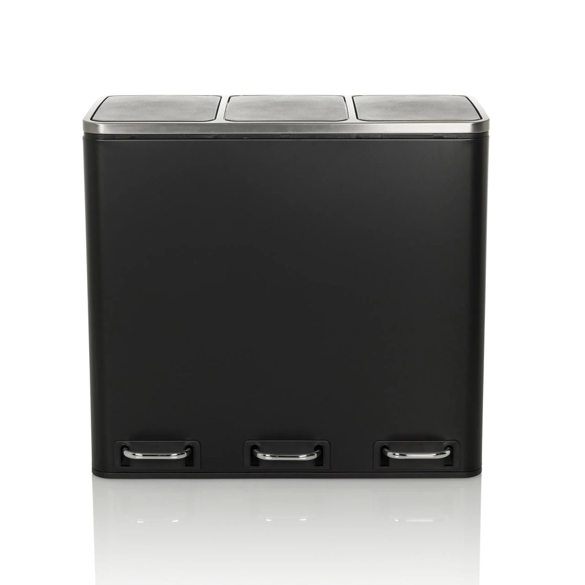 Schwarzer Mülleimer Clean 9 mit drei Fächern, silbernen Deckeln und Trittpedalen von hjh OFFICE – 360-Grad-Ansicht (Frontansicht 0°)
