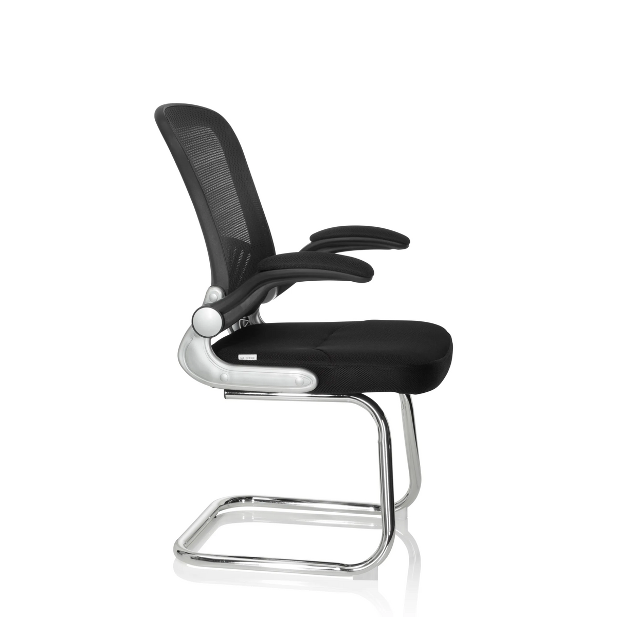 Silla de viga voladiza FLYER PRO V negra con respaldo de malla, reposabrazos y estructura de patines de hjh OFFICE – vista de 360° (vista lateral 80°)