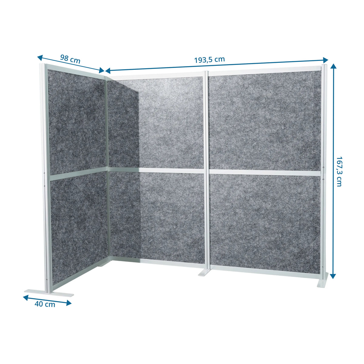 Dibujo dimensional del separador Flexmiut Modul L de 193,5 × 167,3 cm en gris de hjh OFFICE