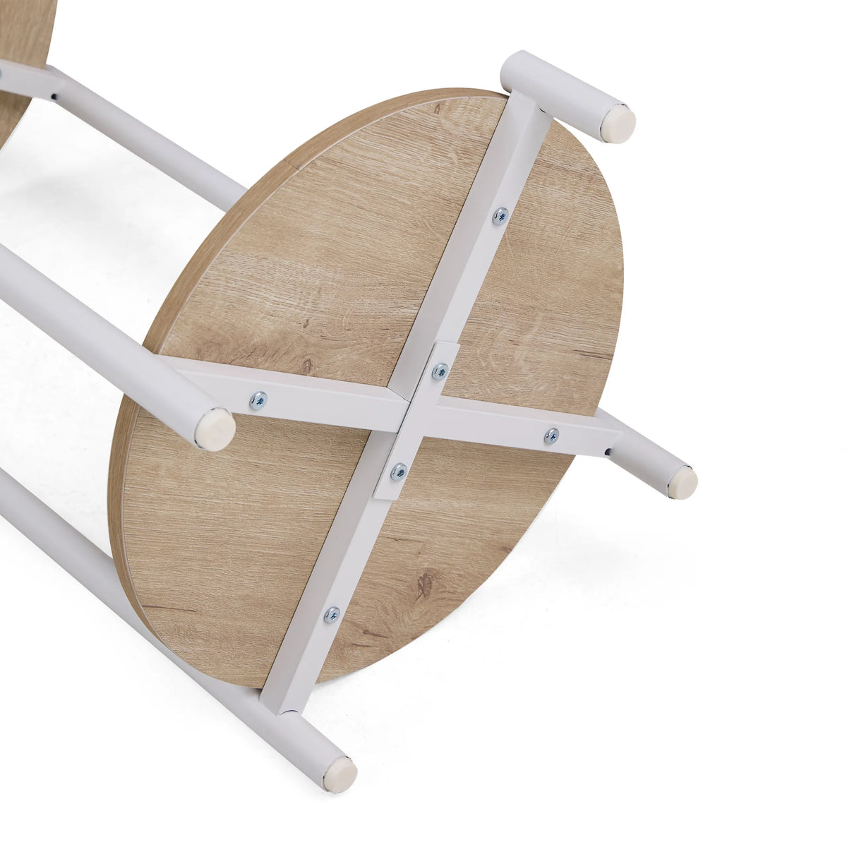 Parte inferior del tablero con estructura metálica blanca de la mesa auxiliar Nestup 1 en aspecto roble de hjh LIVING