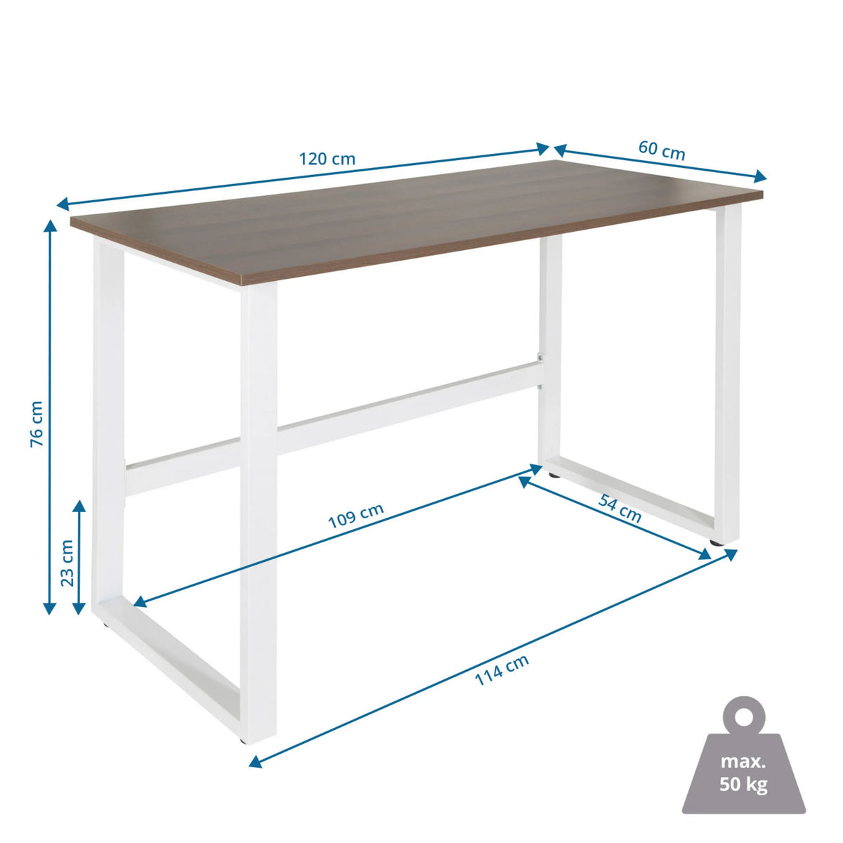 Dibujo dimensional del Escritorio WORKSPACE LIGHT I de 120 x 60 cm con una capacidad de carga máxima de 50 kg de hjh OFFICE