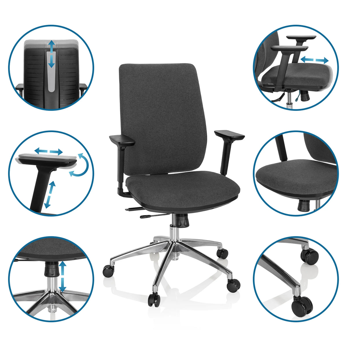 Silla de oficina profesional INTEGRIO I en gris oscuro con diversas opciones de ajuste de hjh OFFICE