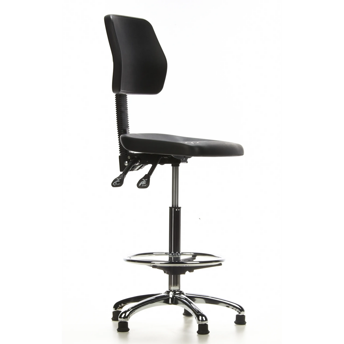 Silla de mostrador TOP WORK 11 negra con reposapiés y base de cinco radios de hjh OFFICE – vista de 360° (vista frontal en diagonal 60°)