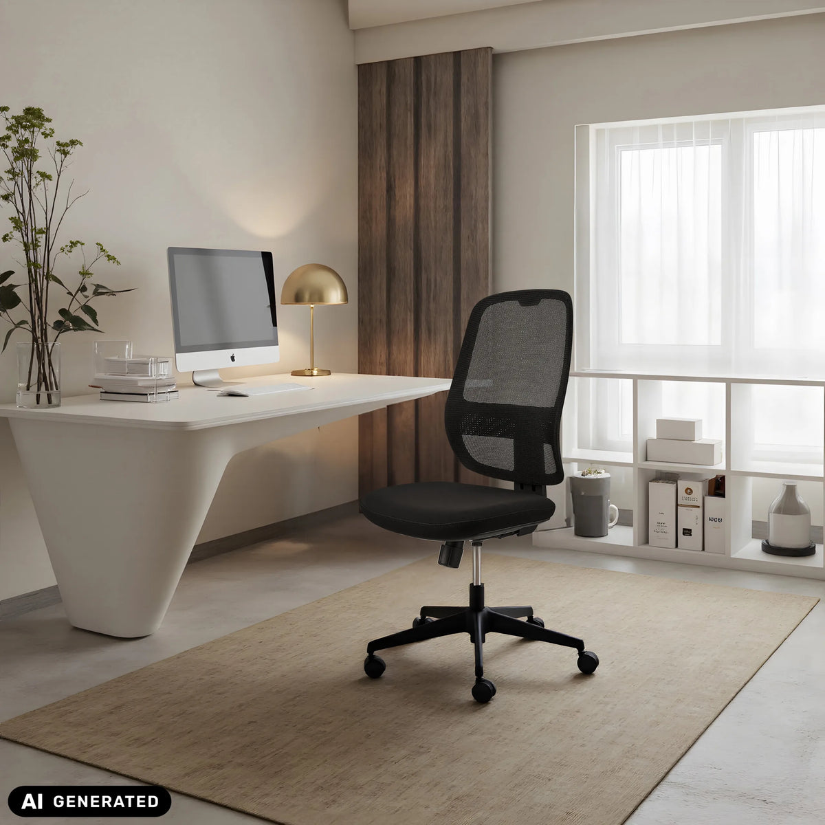Silla de oficina profesional Minoro B negra con respaldo de malla en una oficina en casa luminosa de hjh OFFICE (imagen generada por IA)