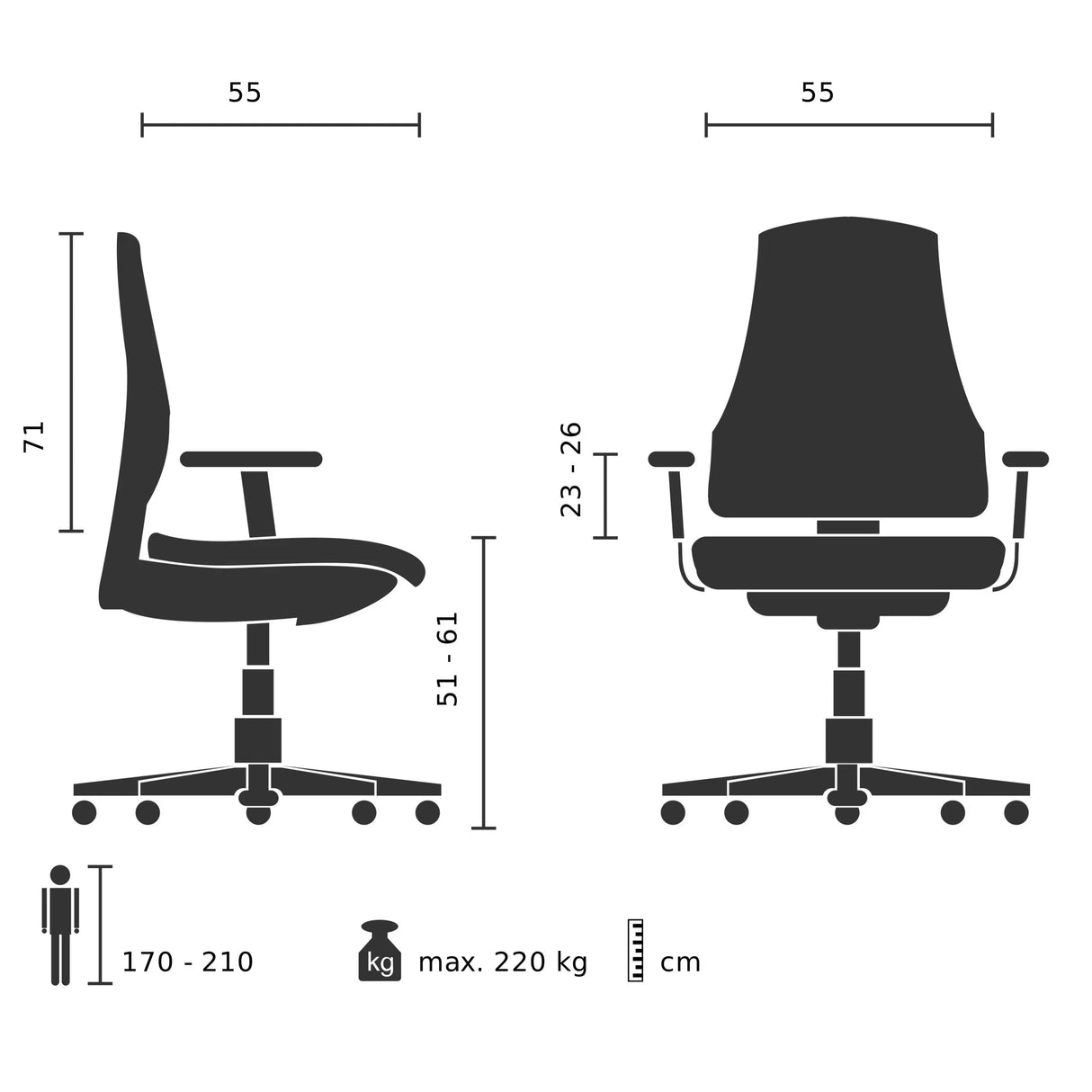 Dibujo técnico de la Silla giratoria XXL INSTRUCTOR T I con una capacidad de carga máxima de 220 kg de hjh OFFICE