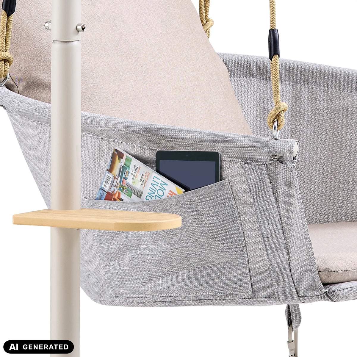 Bolsillo lateral con tablet y revista en la silla colgante Skylo con una pequeña mesa auxiliar de hjh LIVING (imagen generada por IA)