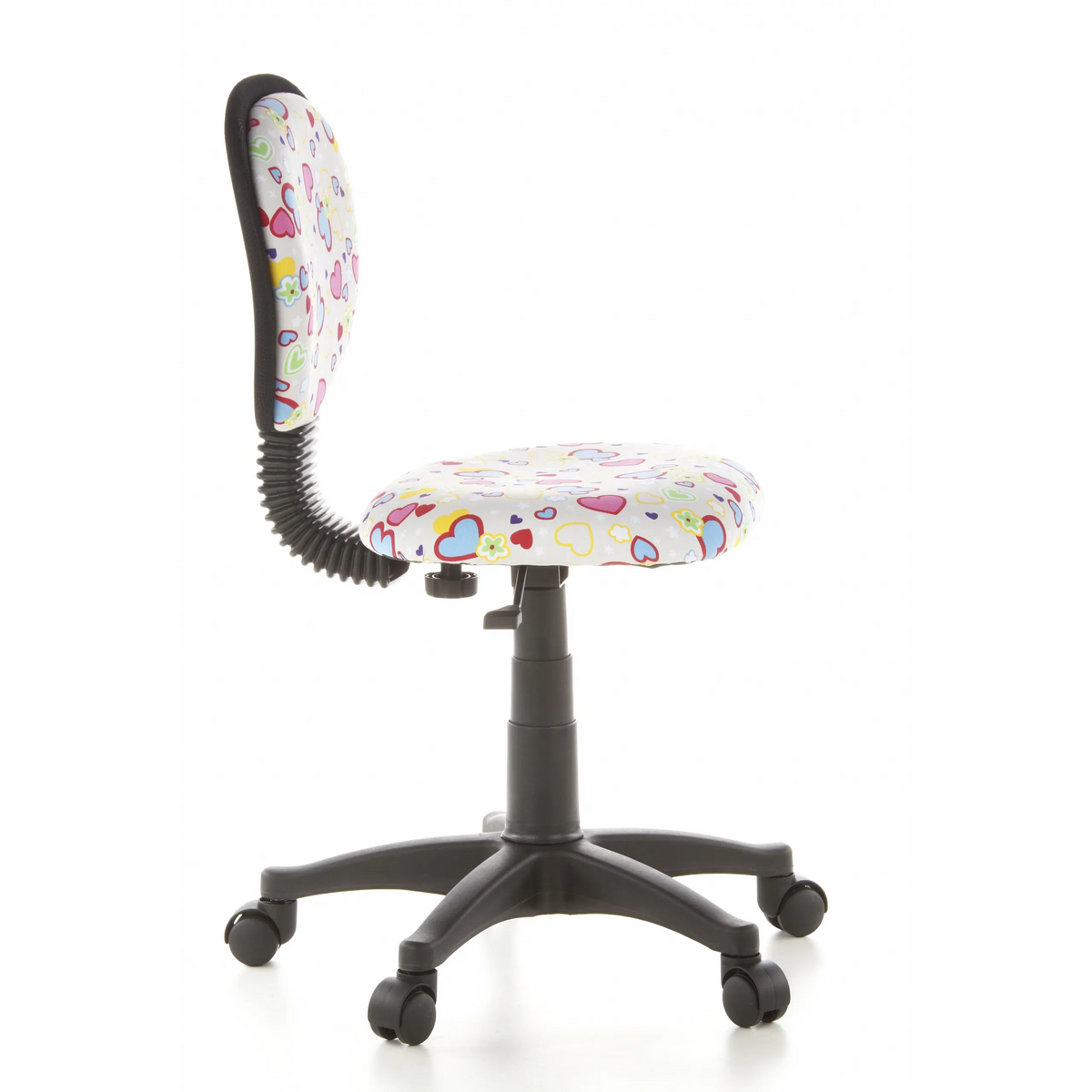 Silla giratoria para niños KIDDY TOP con estampado colorido de corazones y flores y base de cinco ruedas de hjh OFFICE – vista de 360° (vista lateral 80°)