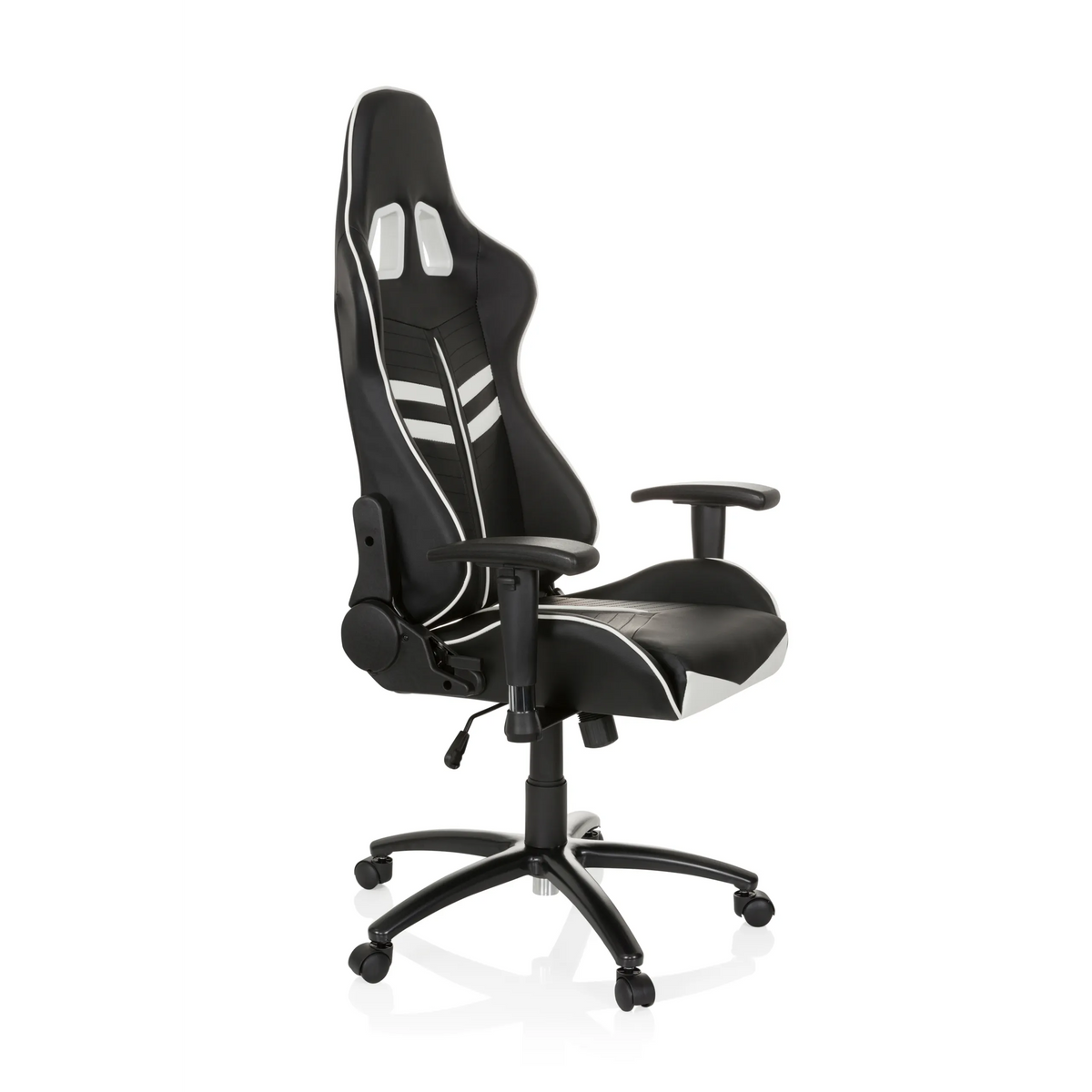 Silla gaming LEAGUE PRO en blanco y negro con reposacabezas y base de cinco ruedas de hjh OFFICE – vista de 360° (vista frontal en diagonal 60°)