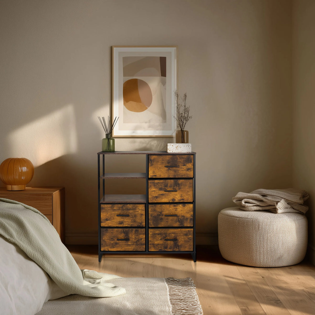 Kommode RAGALA in Räuchereiche mit schwarzem Metallgestell und sechs Schubfächern von hjh LIVING