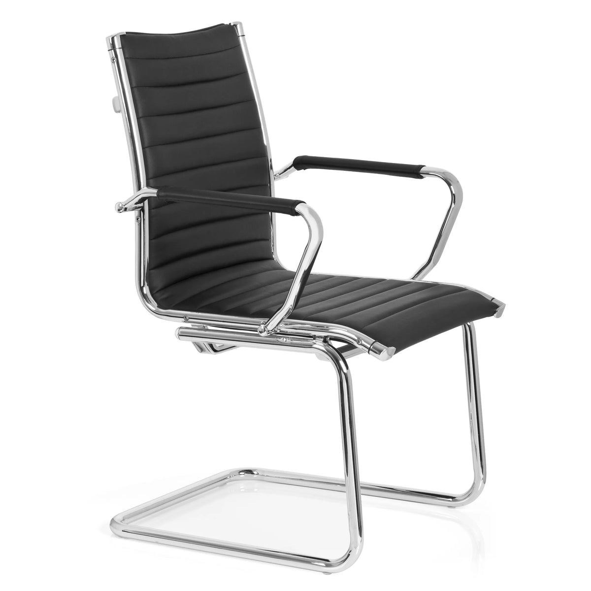 Silla de viga voladiza VEMONA V negra con costuras transversales y reposabrazos de cromo de hjh OFFICE – vista de 360° (vista frontal en diagonal 60°)