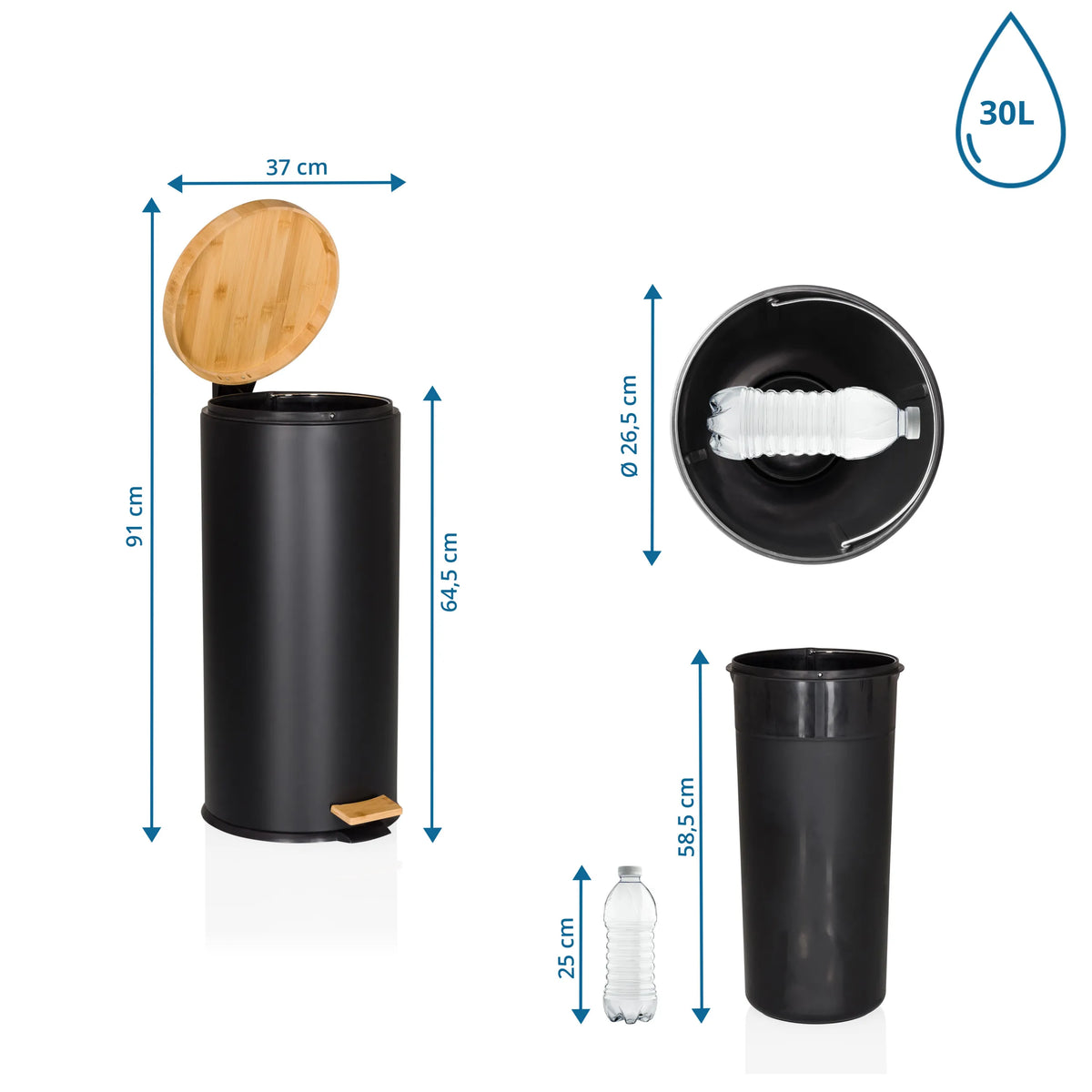 Dibujo dimensional de la papelera CLEAN BAMBOO con volumen de 30 l y una altura de 91 cm de hjh OFFICE