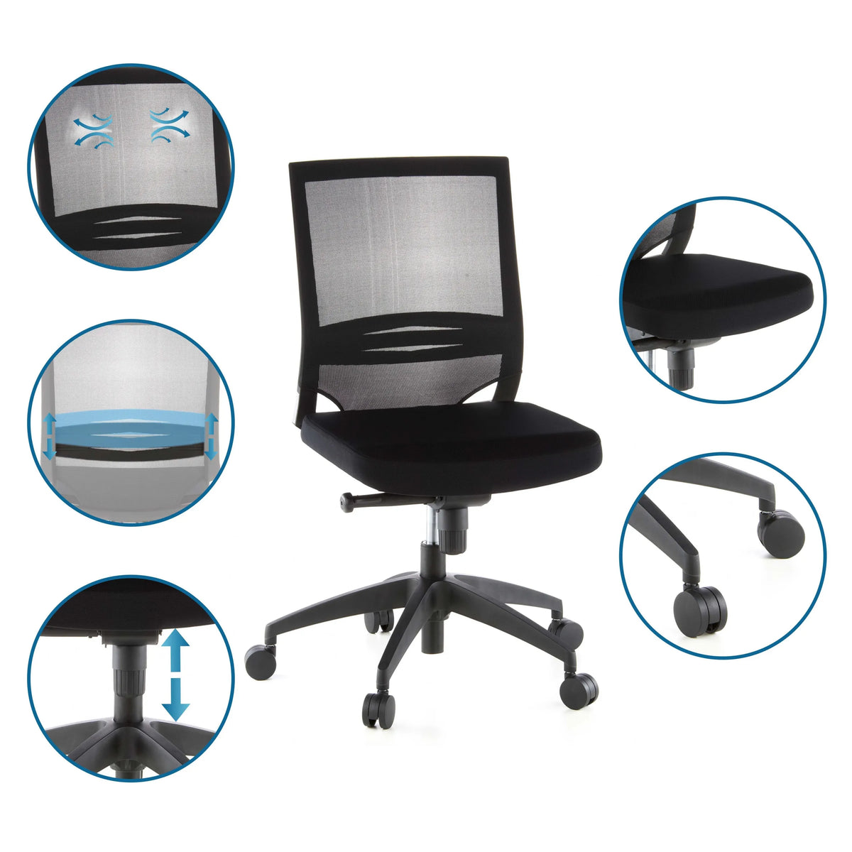 Silla de oficina profesional PORTO ECO en color negro con respaldo de malla y vistas detalladas de las ruedas y el pistón de gas de hjh OFFICE