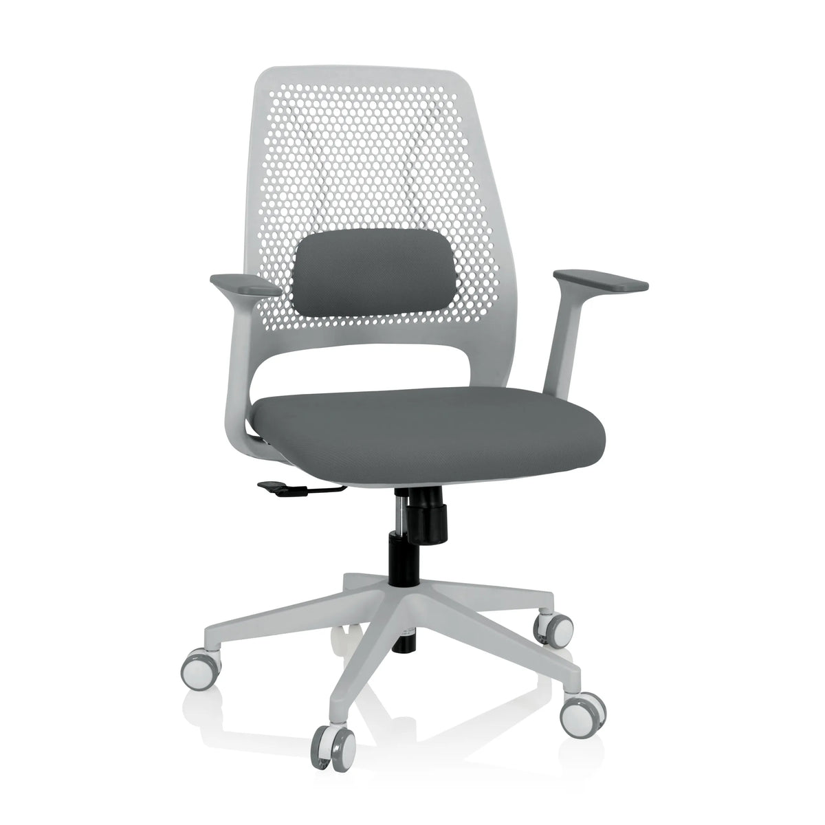 Silla Home Office PARFERIO W gris con respaldo de malla y base de cinco ruedas de hjh OFFICE – vista de 360° (vista frontal 20°)