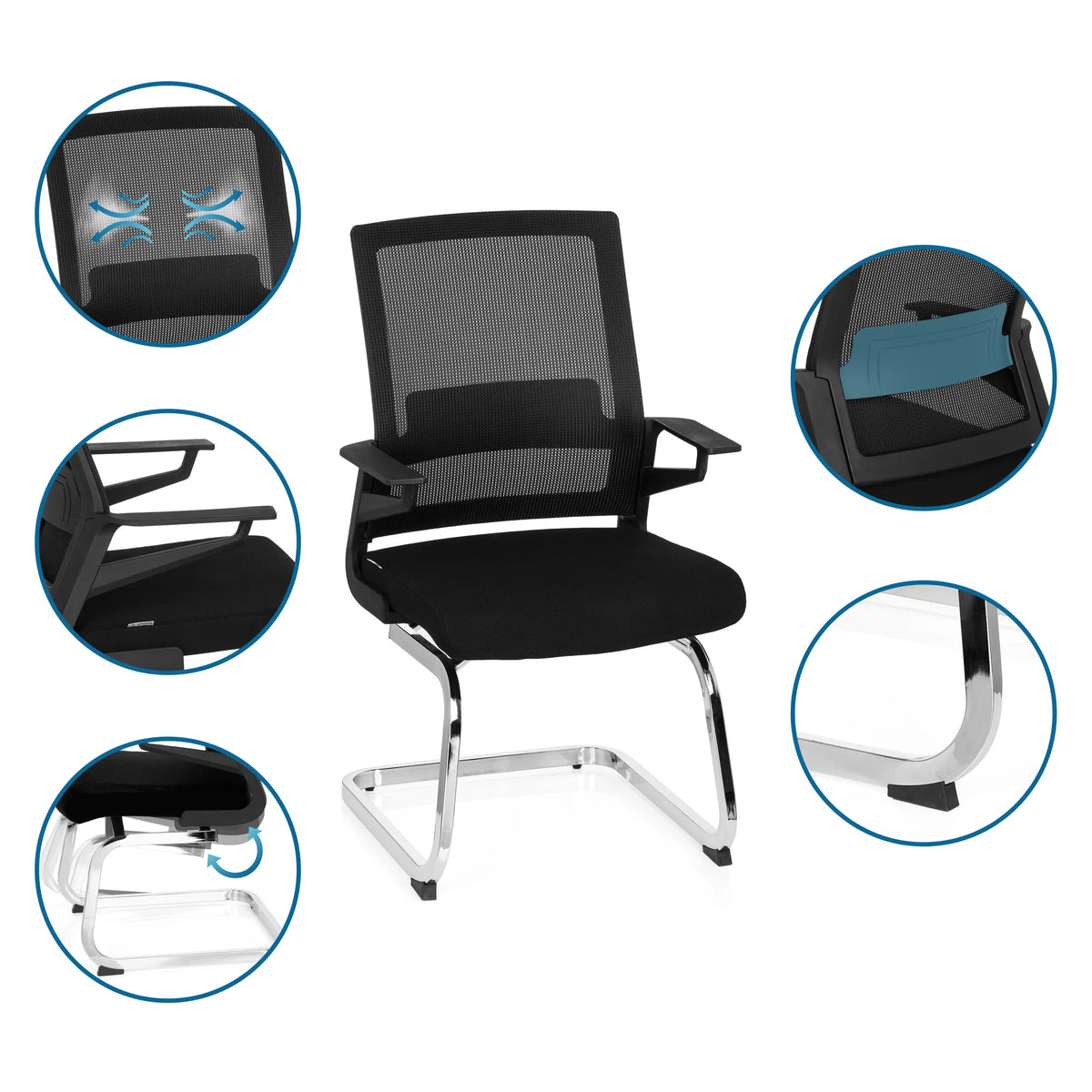 Silla de viga voladiza INVENTOR V en negro con respaldo de malla, reposabrazos y estructura de patín cromada de hjh OFFICE