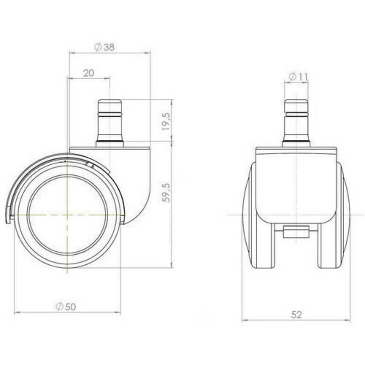 Dibujo técnico de las ruedas para sillas 5x ROLO 11mm/50mm con un diámetro de rueda de 50 mm de hjh OFFICE