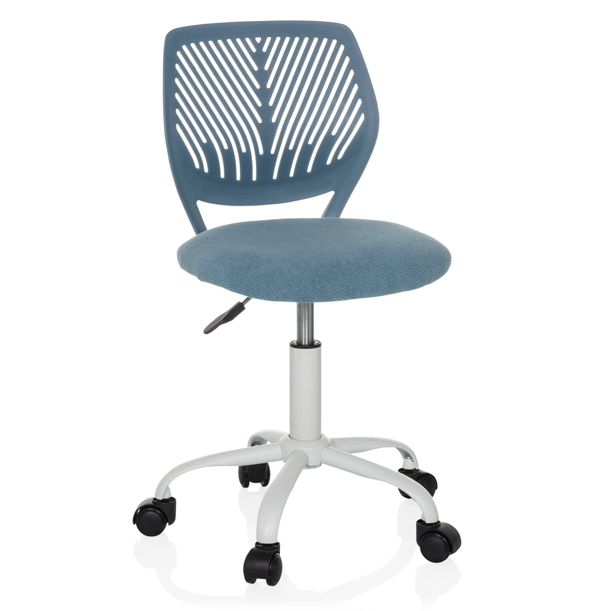 Silla giratoria para niños KID QW azul con respaldo perforado y base blanca de cinco ruedas de hjh OFFICE – vista de 360° (vista frontal 15°)