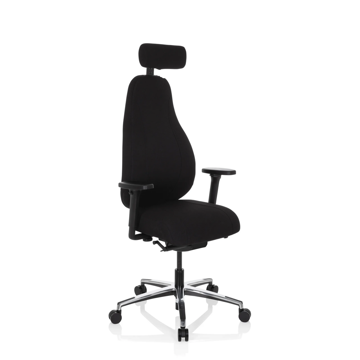 Silla alta gama RESISTIO negra con reposacabezas y base de cinco ruedas de hjh OFFICE – vista de 360° (vista frontal en diagonal 40°)