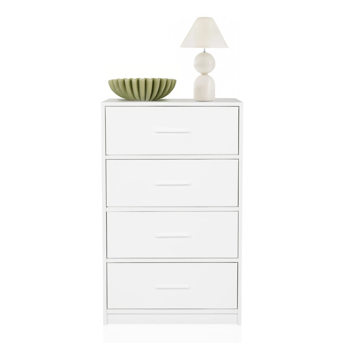 Cómoda ESTORIA blanca con cuatro cajones, decorada con un cuenco y una lámpara de mesa de hjh LIVING