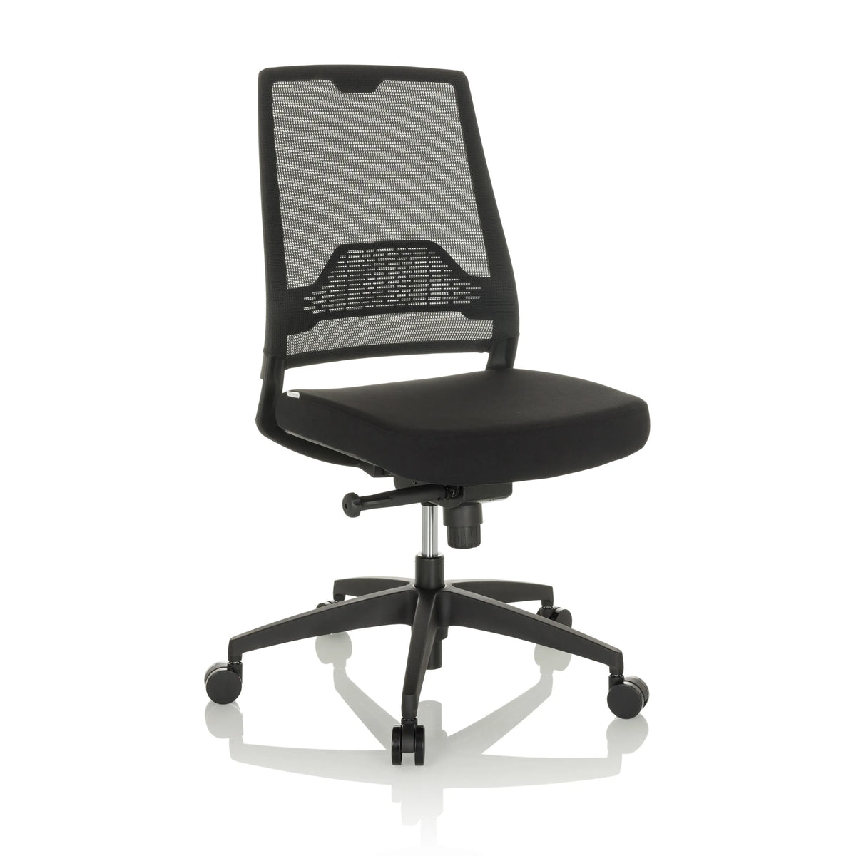 Silla de oficina profesional PORTO ECO I negra con respaldo de malla y base de cinco ruedas de hjh OFFICE – vista de 360° (vista frontal en diagonal 30°)