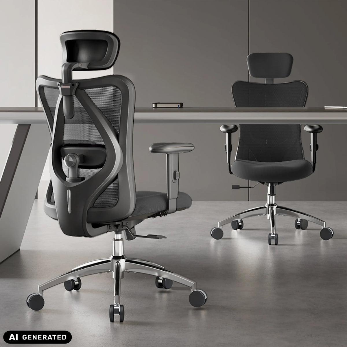 Vista posterior de una silla de oficina profesional M18-M148 en negro con respaldo de malla y reposacabezas de Sihoo (imagen generada por IA)