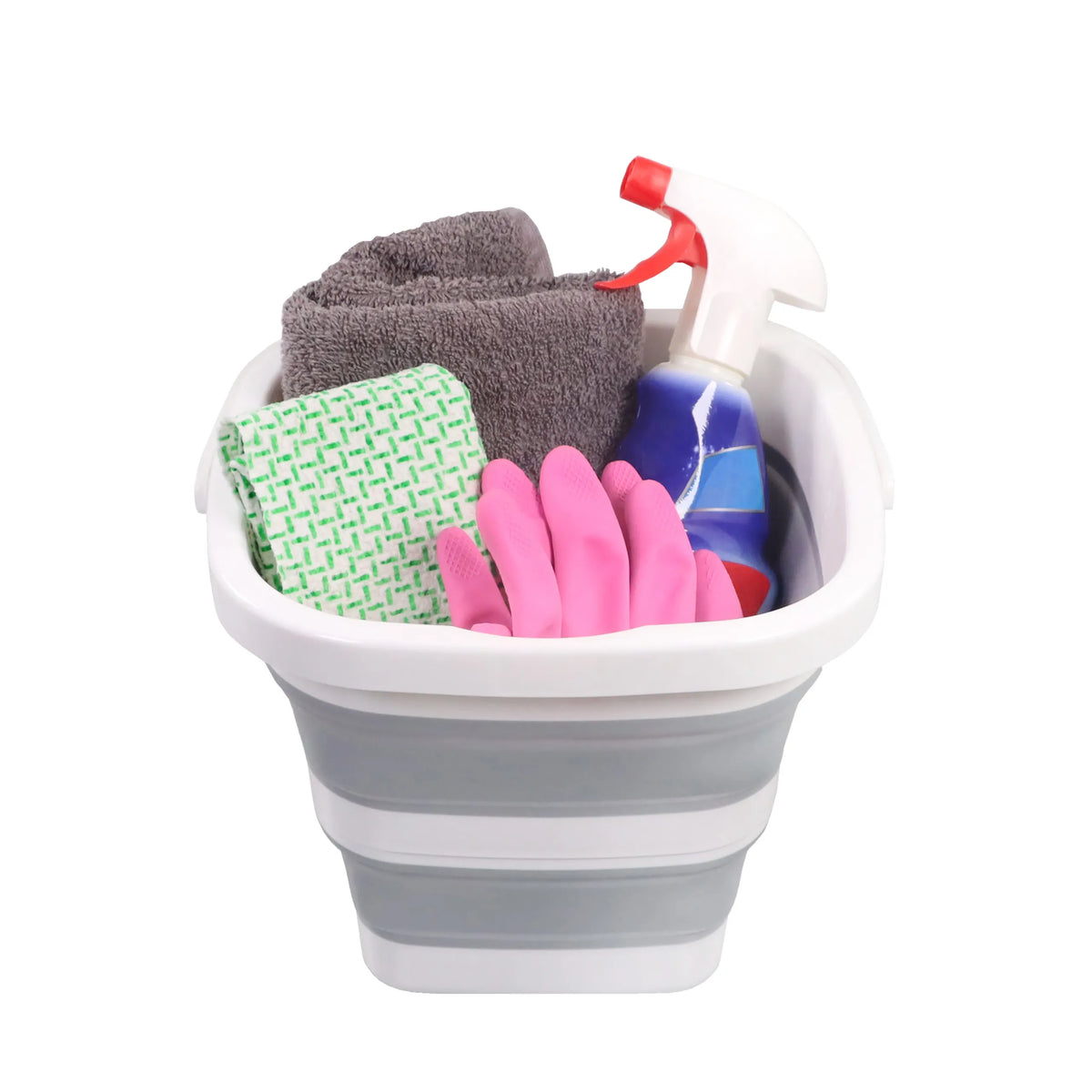 Contenedor plegable CLEAN SILE en gris y blanco con utensilios de limpieza como paños, guantes y una botella pulverizadora de hjh OFFICE