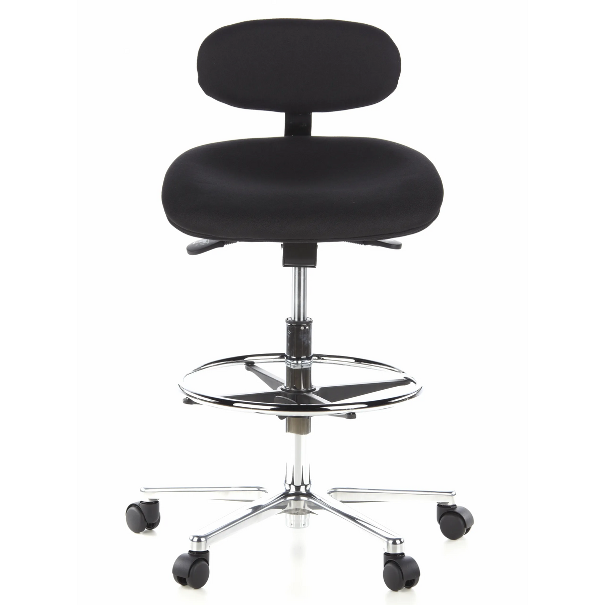 Silla de mostrador WORK MF negra con aro reposapiés y base de cinco ruedas de hjh OFFICE – vista de 360° (vista frontal 0°)