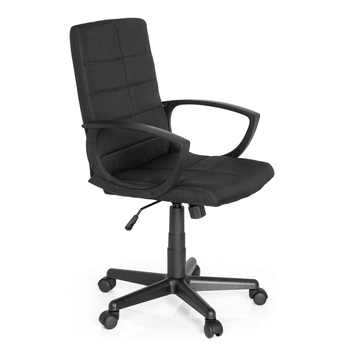 Silla Home Office STAR-TEC CL300 negra con reposabrazos y base de cinco ruedas de MyBuero – vista de 360° (vista frontal en diagonal 60°)