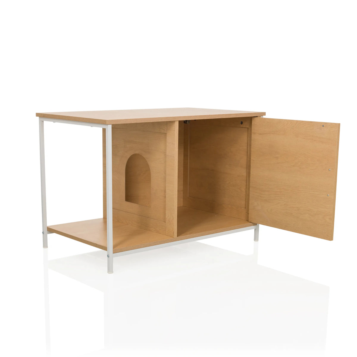 Casa para gatos KITTYHOME 1 abierta en efecto haya con estructura blanca y entrada en arco de hjh LIVING