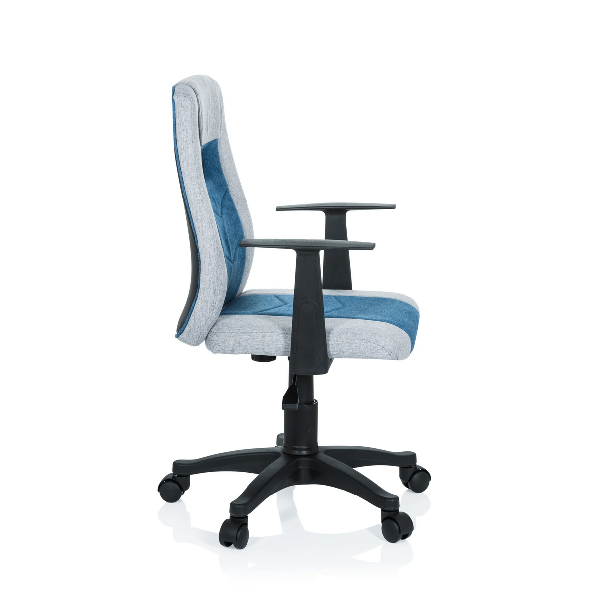 Silla giratoria para niños KIDDY EXTRA en color gris azulado con reposabrazos y base de cinco ruedas de hjh OFFICE – vista de 360° (vista lateral 80°)
