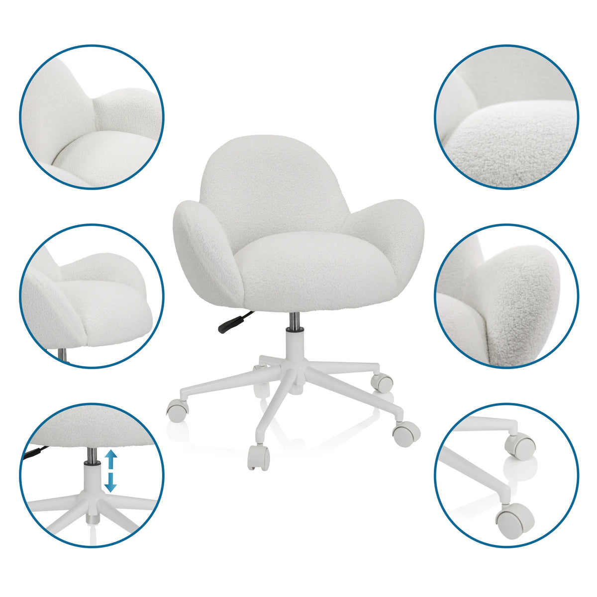 Silla giratoria para niños KID TEDDY I blanca con funda de tejido teddy, pistón de gas y base con ruedas de hjh OFFICE