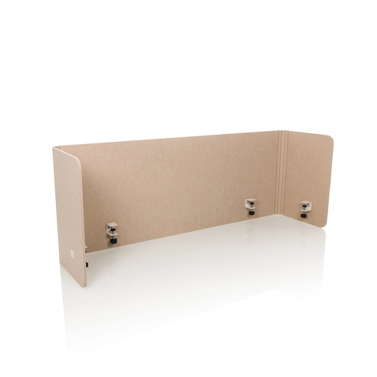 Separador de mesa beige FLEXMIUT U con alas laterales y cuatro clips de fijación de hjh OFFICE – vista de 360° (vista frontal en diagonal 30°)