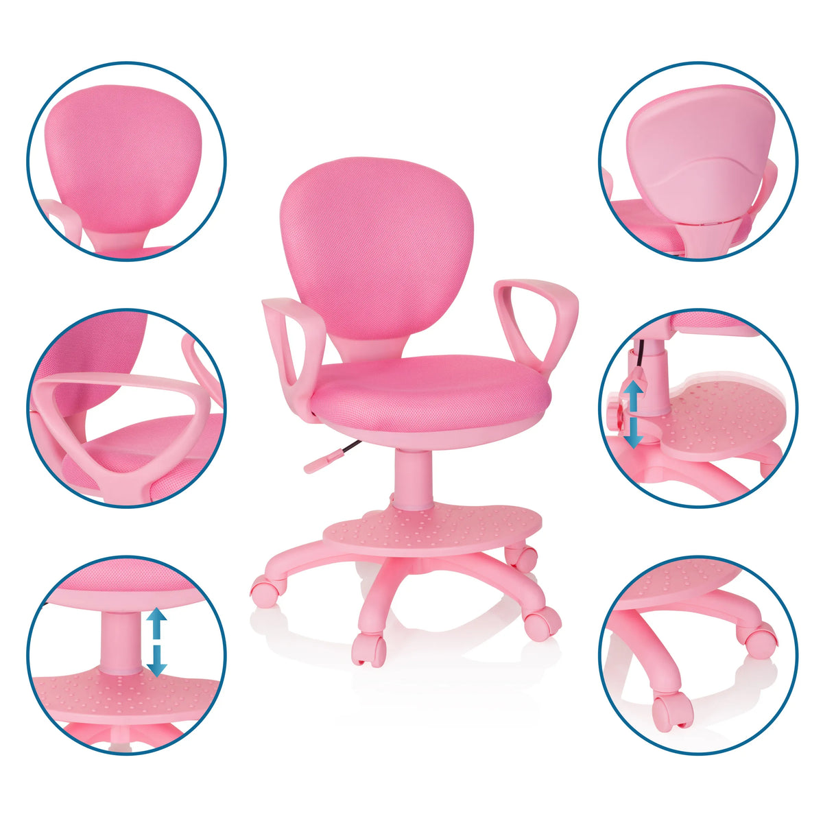 Silla giratoria para niños KID COLOUR rosa con altura de asiento ajustable y ruedas de hjh OFFICE