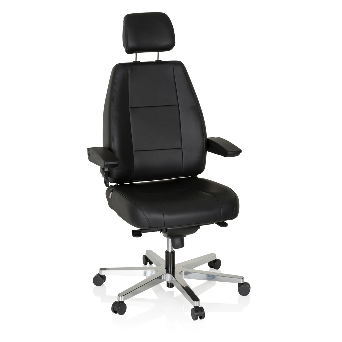 Silla giratoria XXL 24 HOURS negra de cuero con reposacabezas y base de cinco ruedas de hjh OFFICE – vista de 360° (vista frontal 20°)
