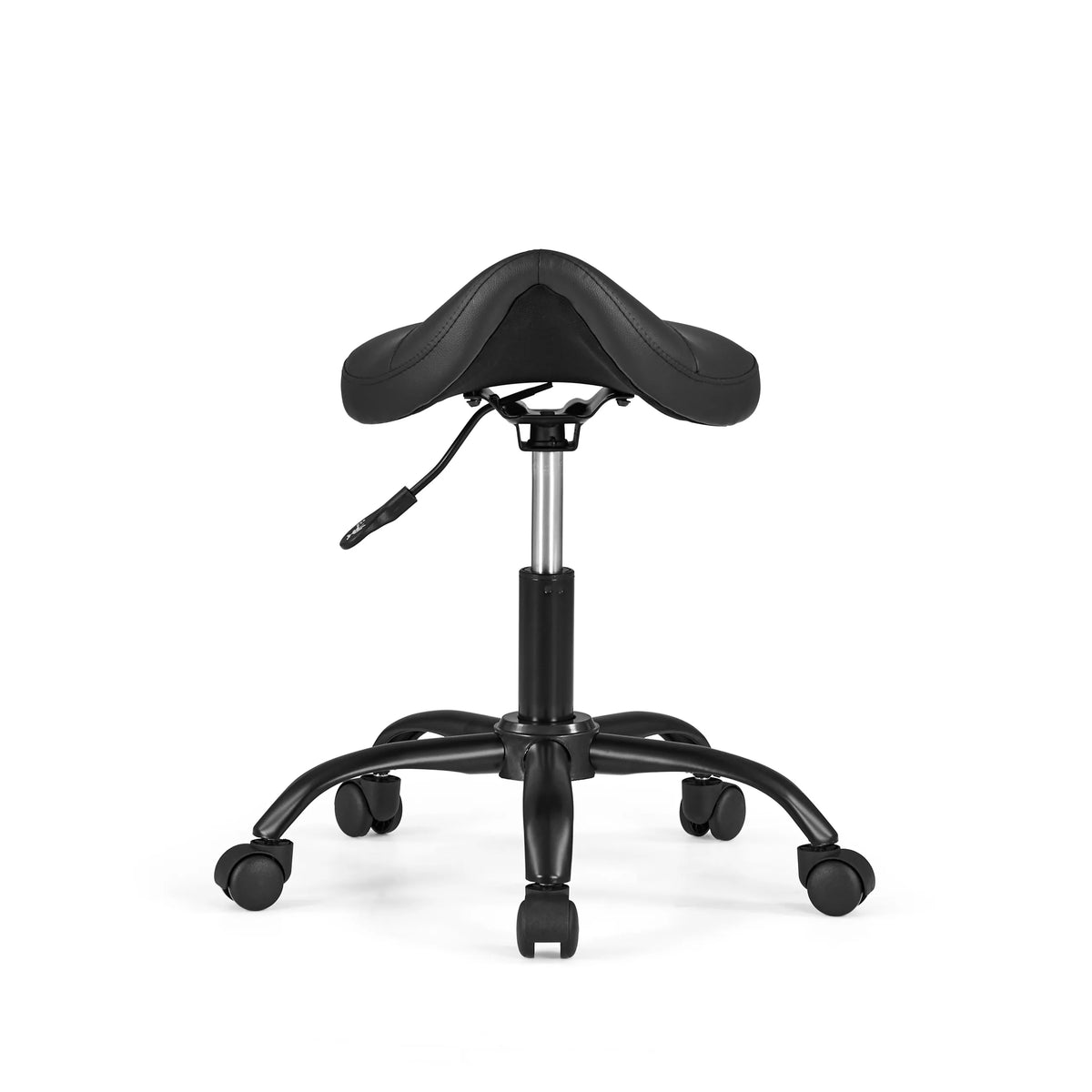 Taburete de montar negro Sattix con pistón de gas y base de cinco ruedas de hjh OFFICE – vista de 360° (vista frontal 0°)