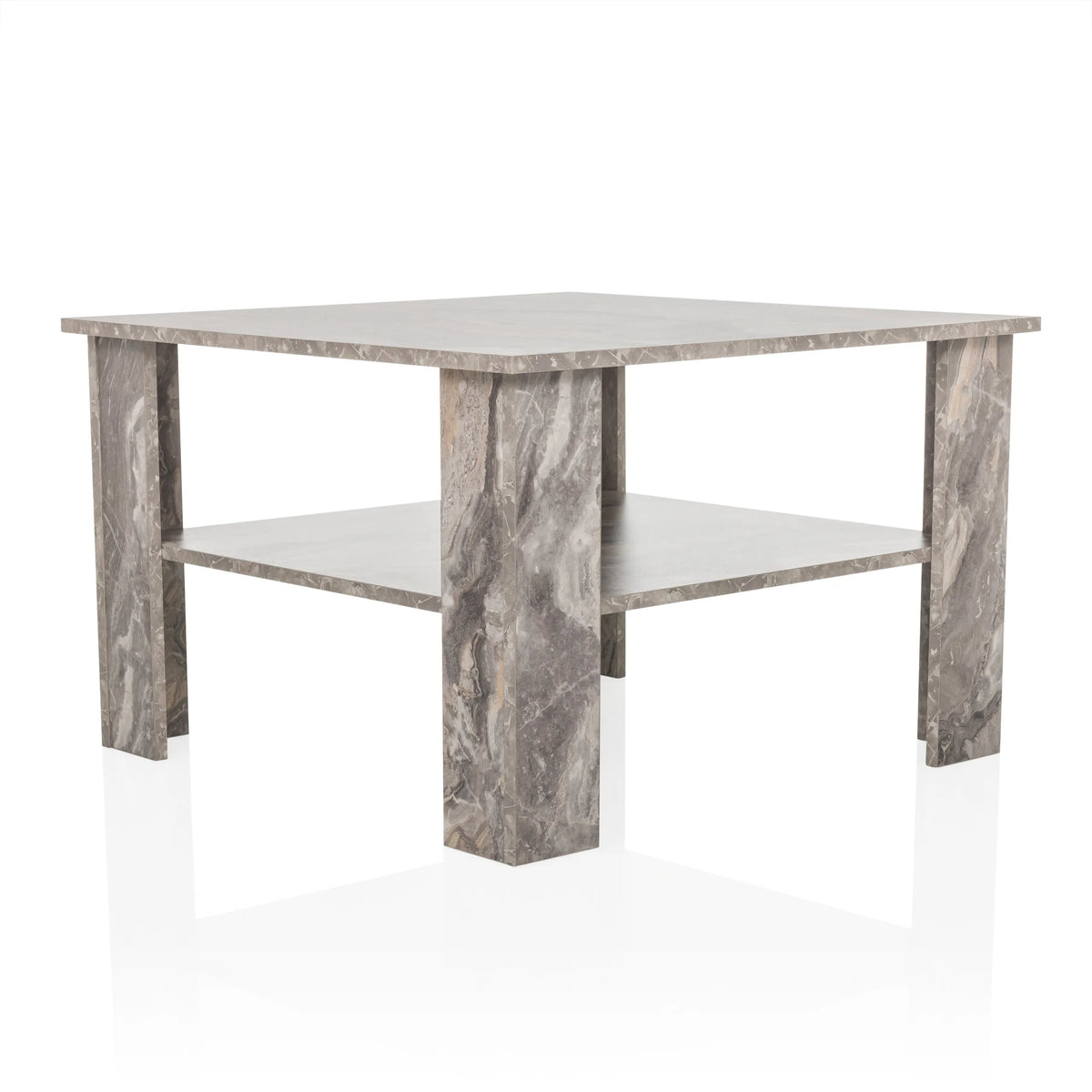 Mesa de centro gris BISMO con un estante con efecto mármol de hjh LIVING – vista de 360° (vista frontal en diagonal 30°)
