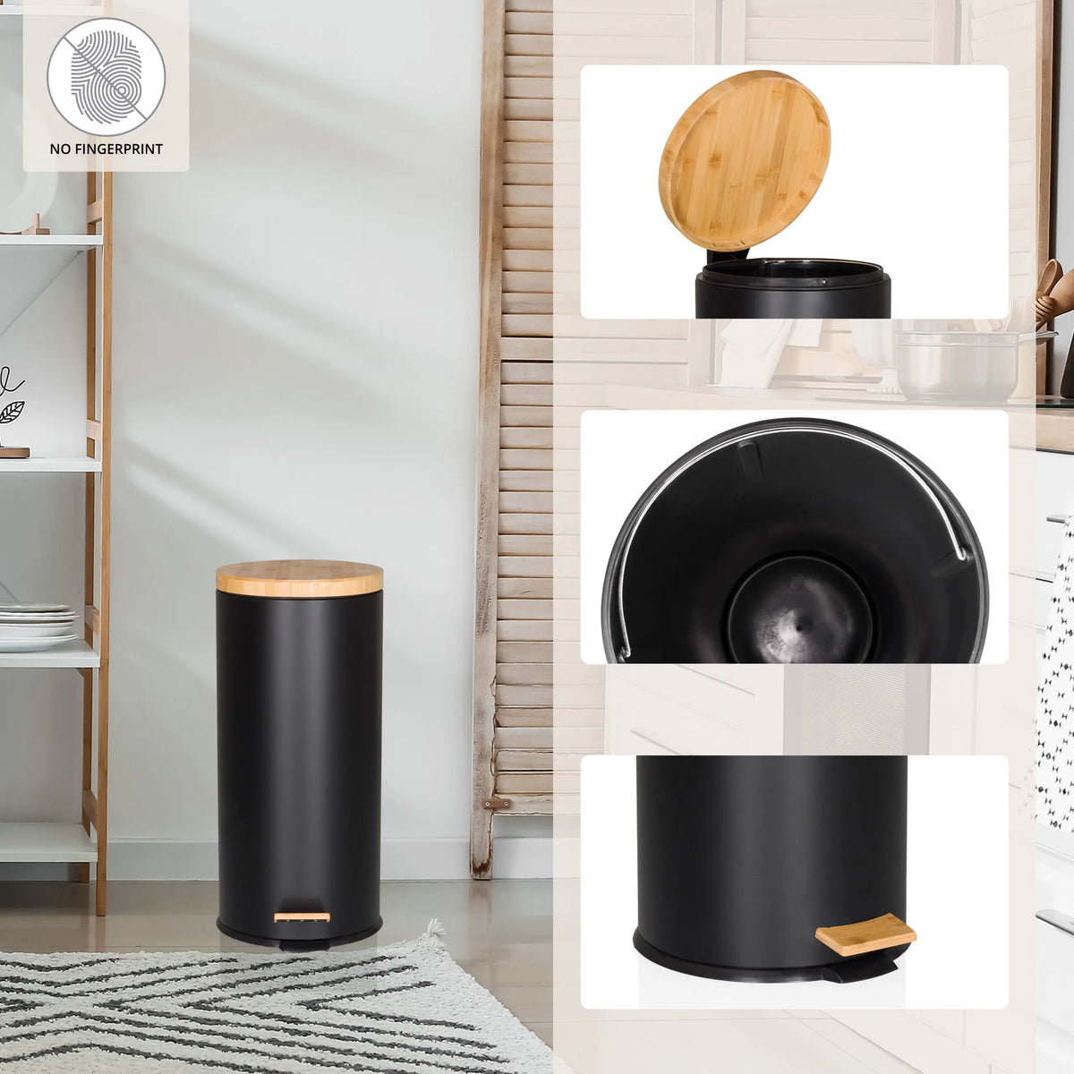 Papelera CLEAN BAMBOO en negro mate con tapa de bambú, cubo interior y pedal de hjh OFFICE