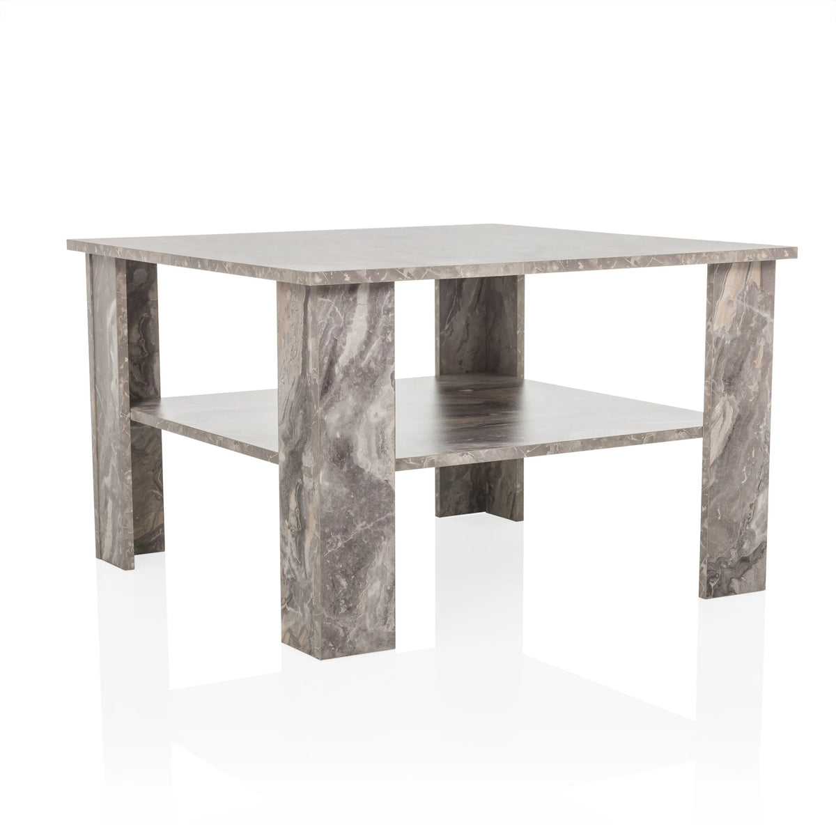 Mesa de centro gris BISMO con un estante con efecto mármol de hjh LIVING – vista de 360° (vista frontal 15°)