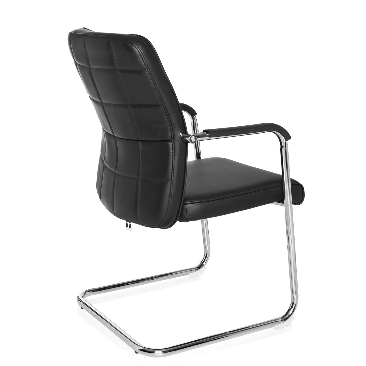 Silla viga voladiza FLEXO V negra con costuras cuadradas y reposabrazos de hjh OFFICE – vista de 360° (vista trasera en diagonal 120°)